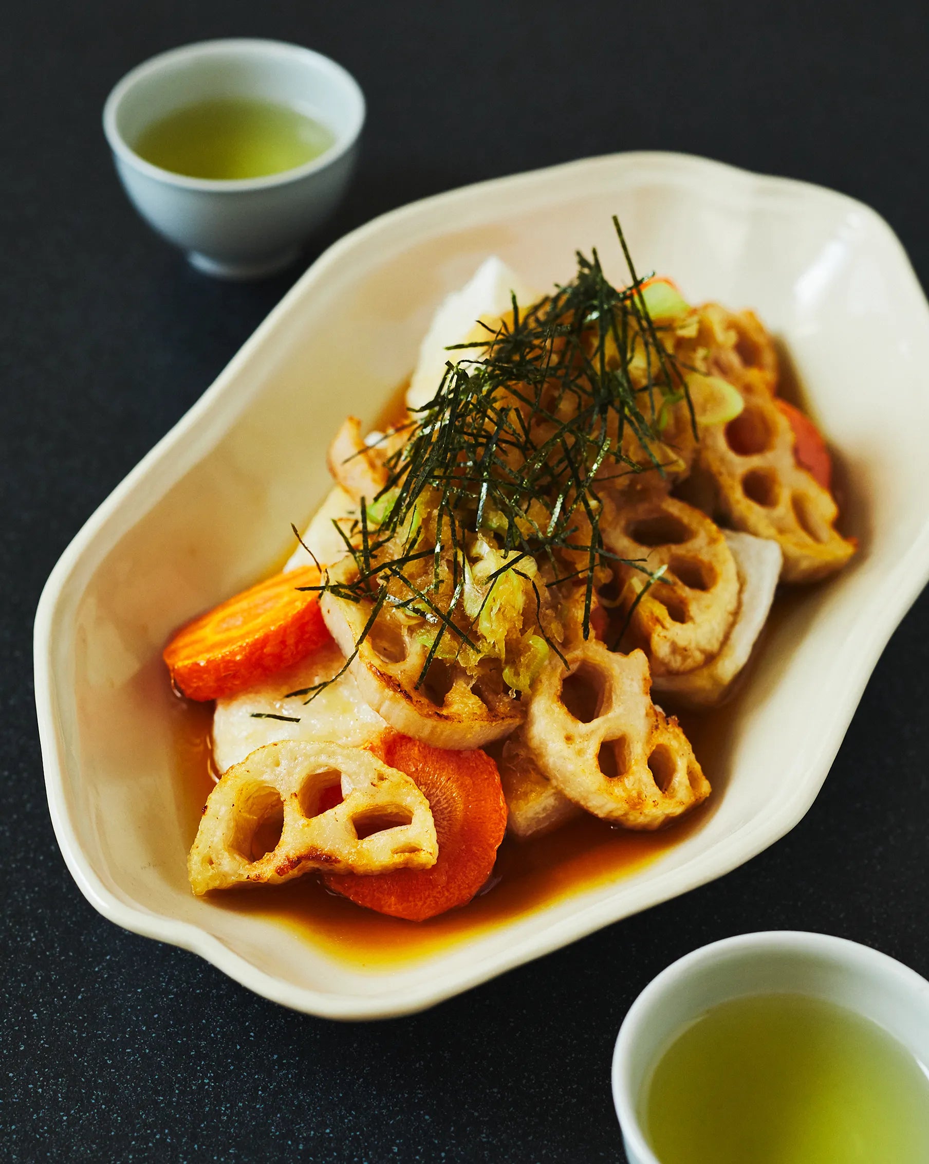 餅と根菜の揚げ出し × 玉露 「上喜撰」